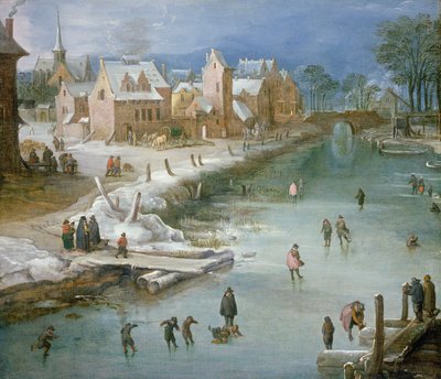 Skaters on a Frozen River Alongside a Town by Joos or Josse de Momper